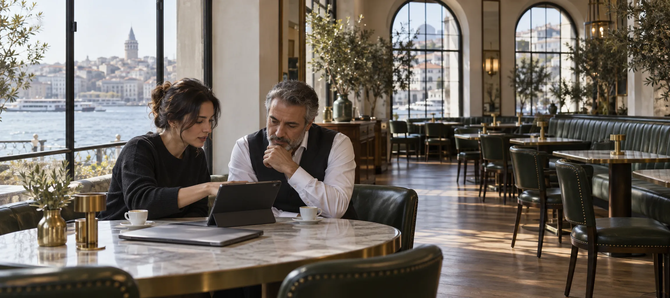 DineLuup ekibinden biri restoranın müdürüyle pencere kenarındaki masada, tablet üzerinden kurulumu anlatıyor
