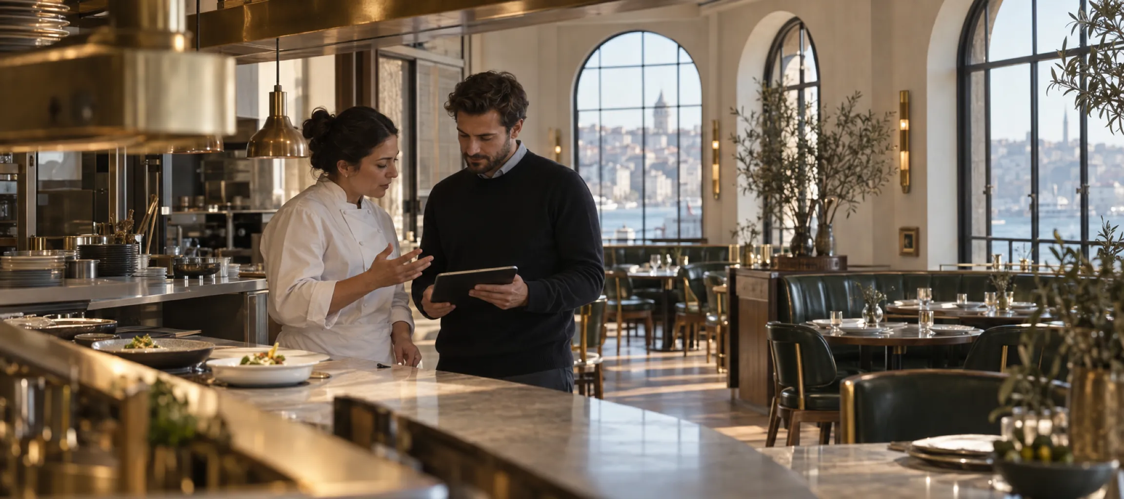 DineLuup ekibinden biri şefle birlikte, açık mutfağın önünde tablete bakıyor