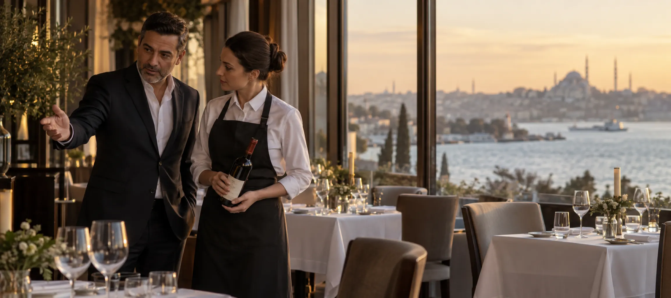 Servisten önce salon şefi ile sommelier akşamın masalarını konuşuyor